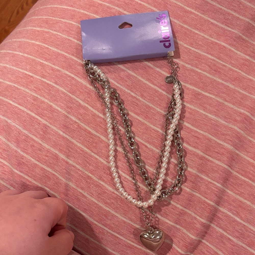 Claire's Silver and White Layered Heart Necklace